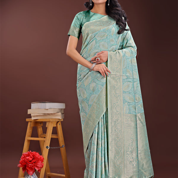 Astita Sea Green Linen Cotton Saree with Golden Zari Leaf Design & Elegant Pallu - Festive | Office | Daily Wear - Distacart