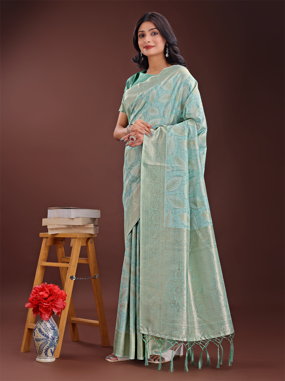 Astita Sea Green Linen Cotton Saree with Golden Zari Leaf Design & Elegant Pallu - Festive | Office | Daily Wear - Distacart