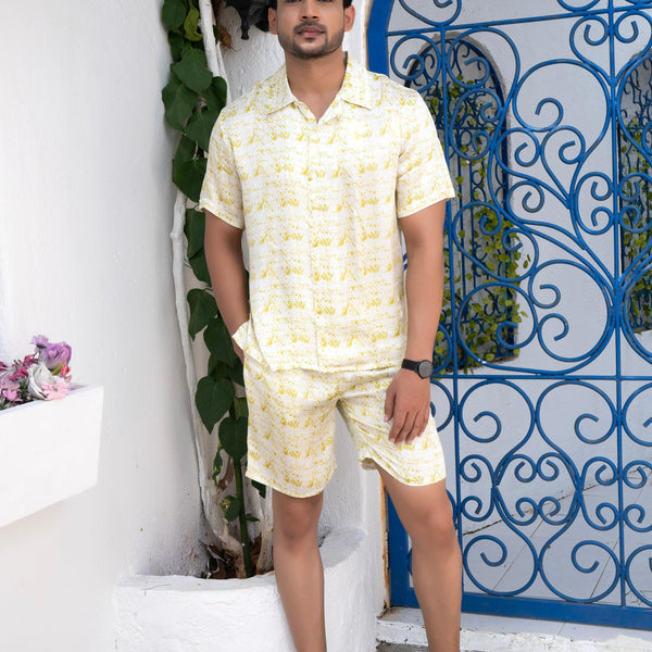 Noroke Cotton Satin White Chartreuse Co-ord Set Men - Distacart