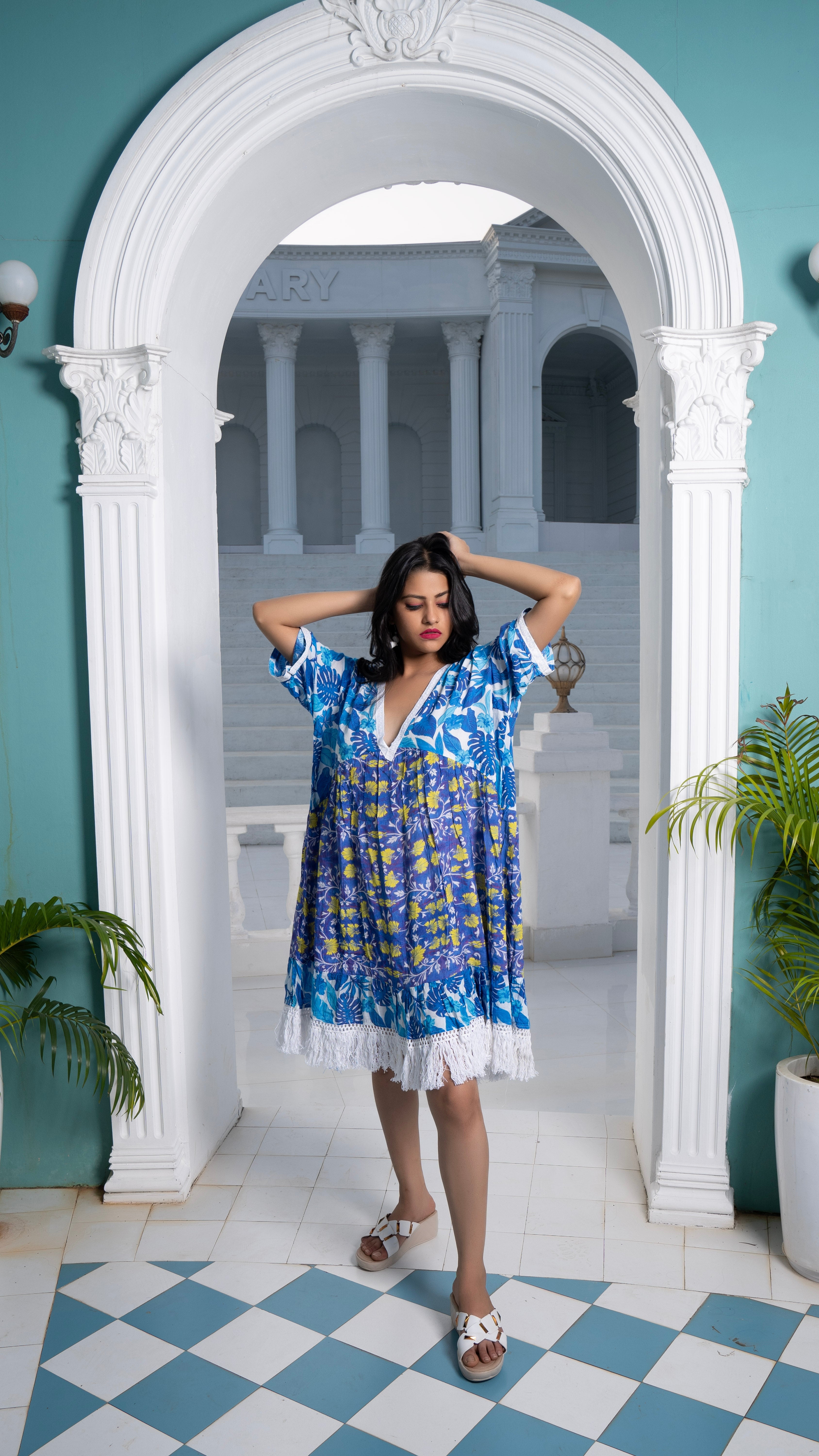 Noroke Sustainable fabric | Cupro Muslin Blue Pottery Tassel Dress - Distacart