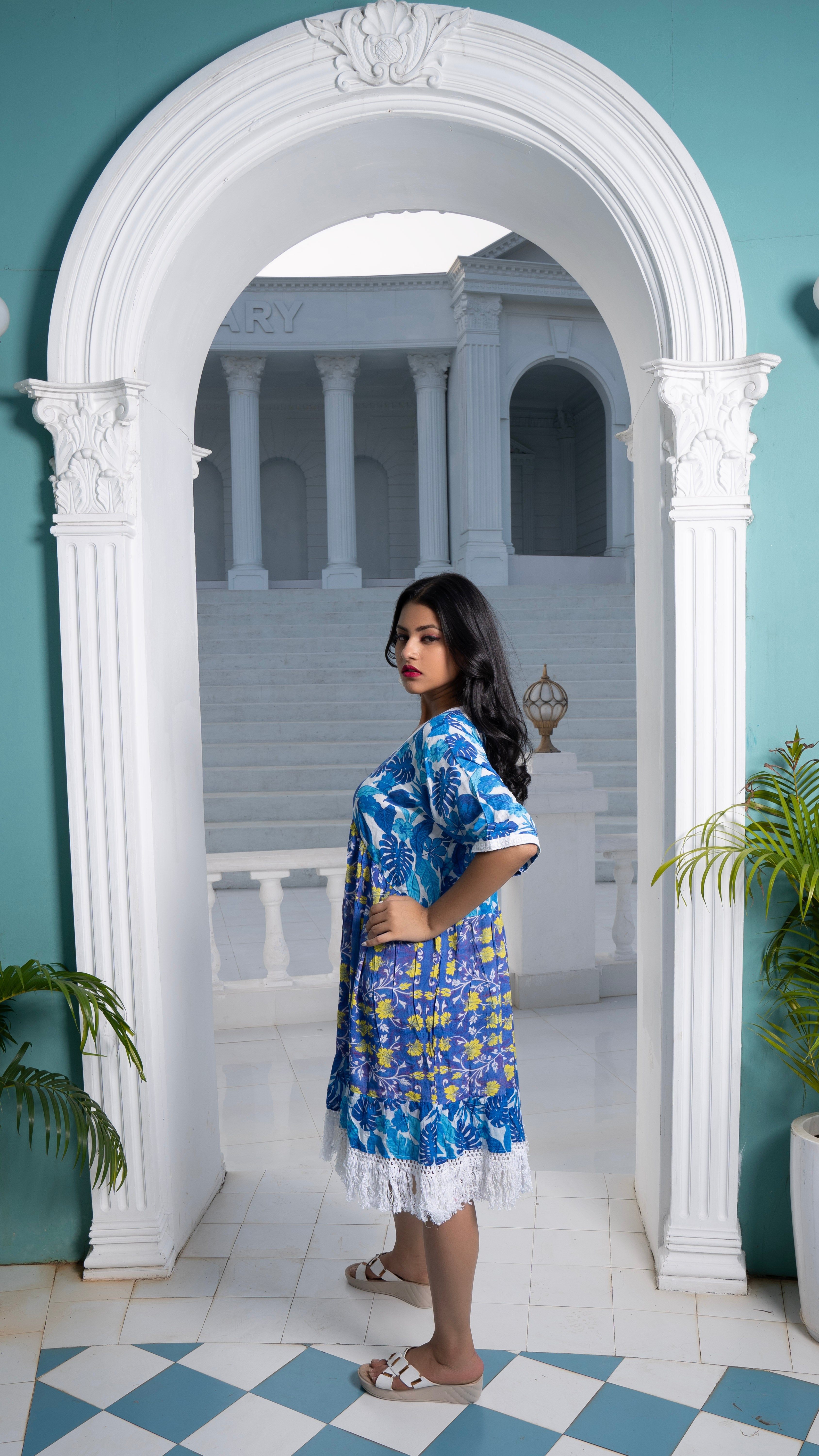 Noroke Sustainable fabric | Cupro Muslin Blue Pottery Tassel Dress - Distacart