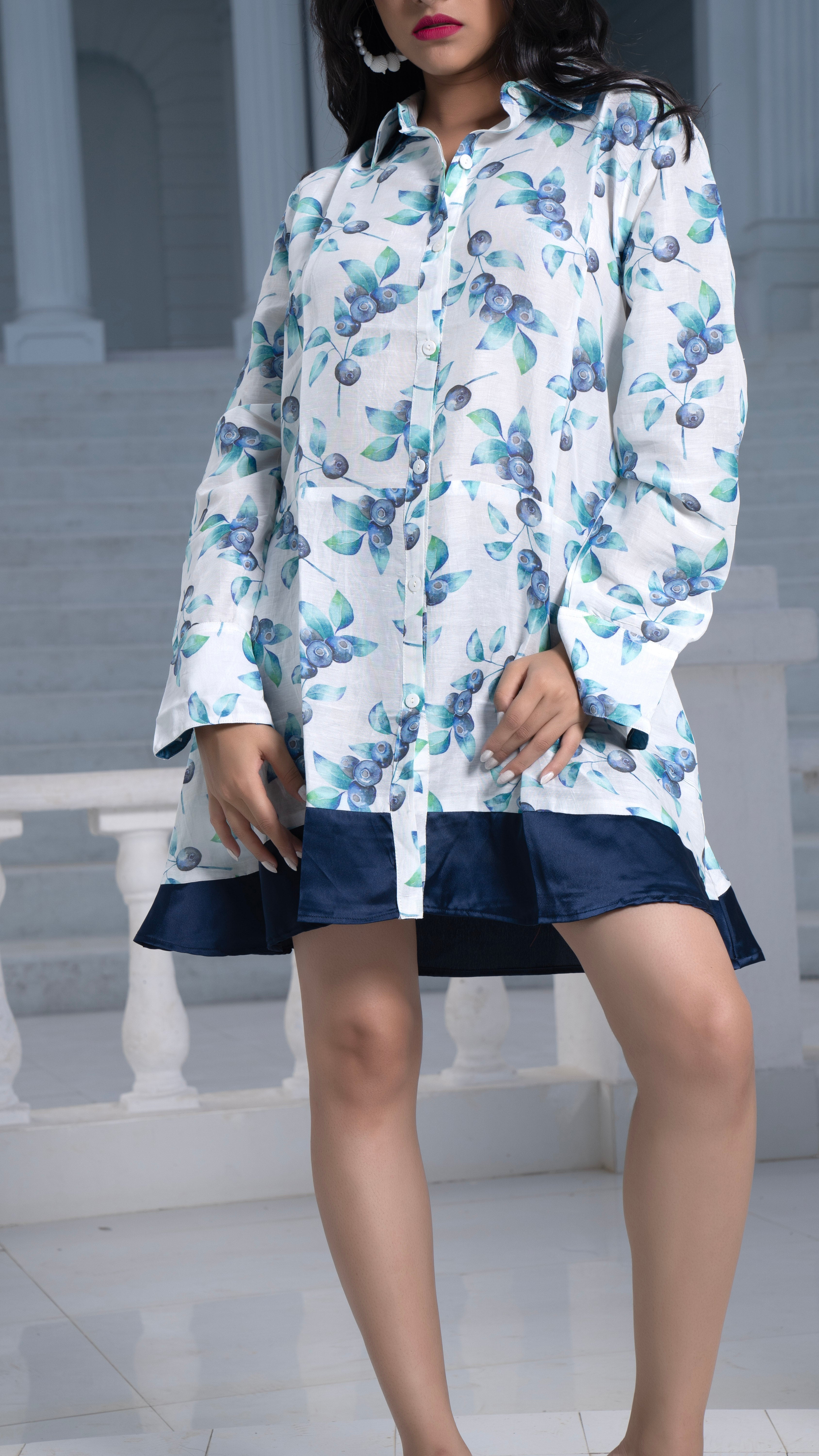 Noroke Sustainable fabric | Mushroom Bemberg Double Collar Tunic Dress - White Blue - Distacart