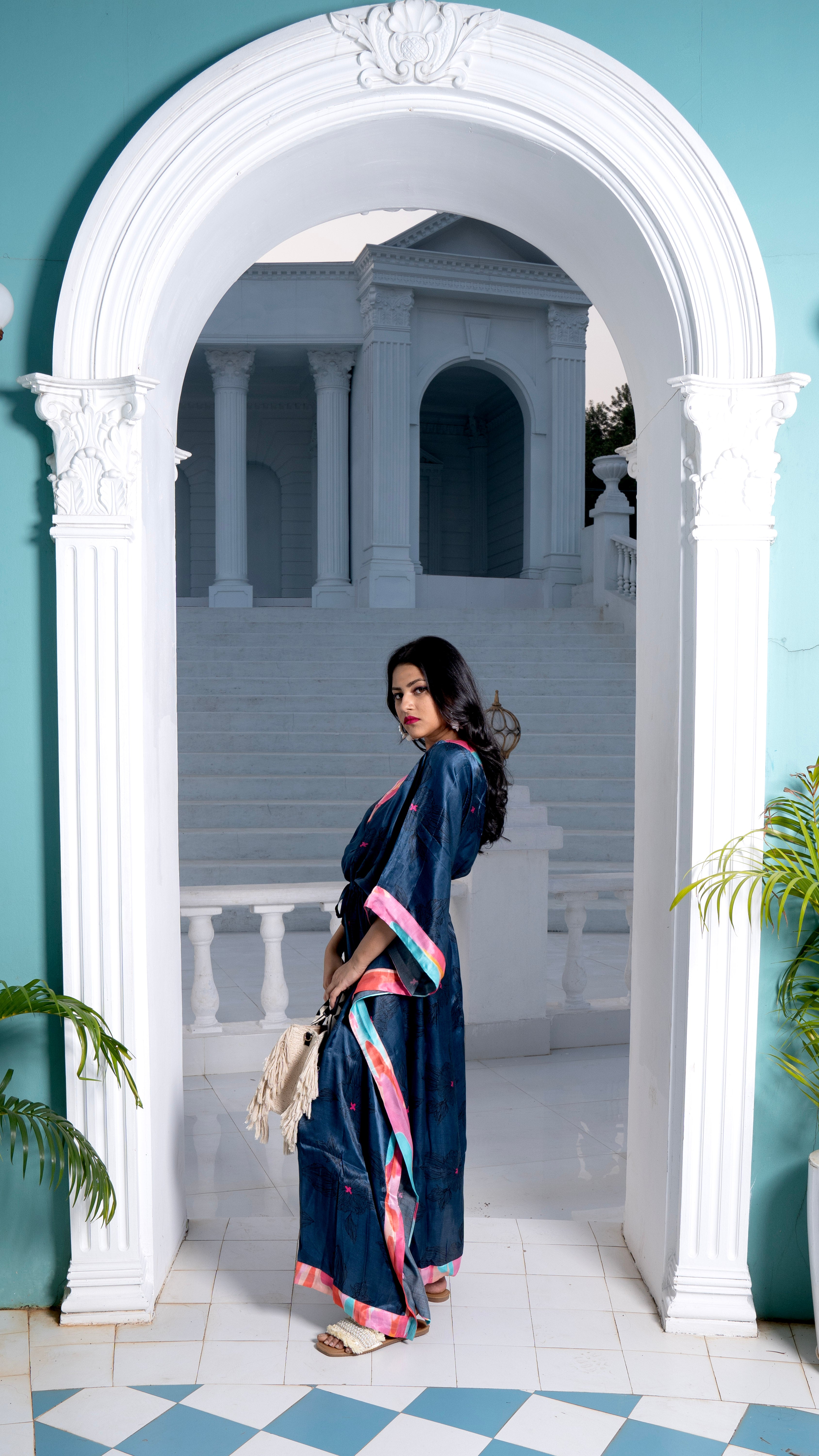 Noroke Modal Steel Blue Printed Long Kaftan - Distacart