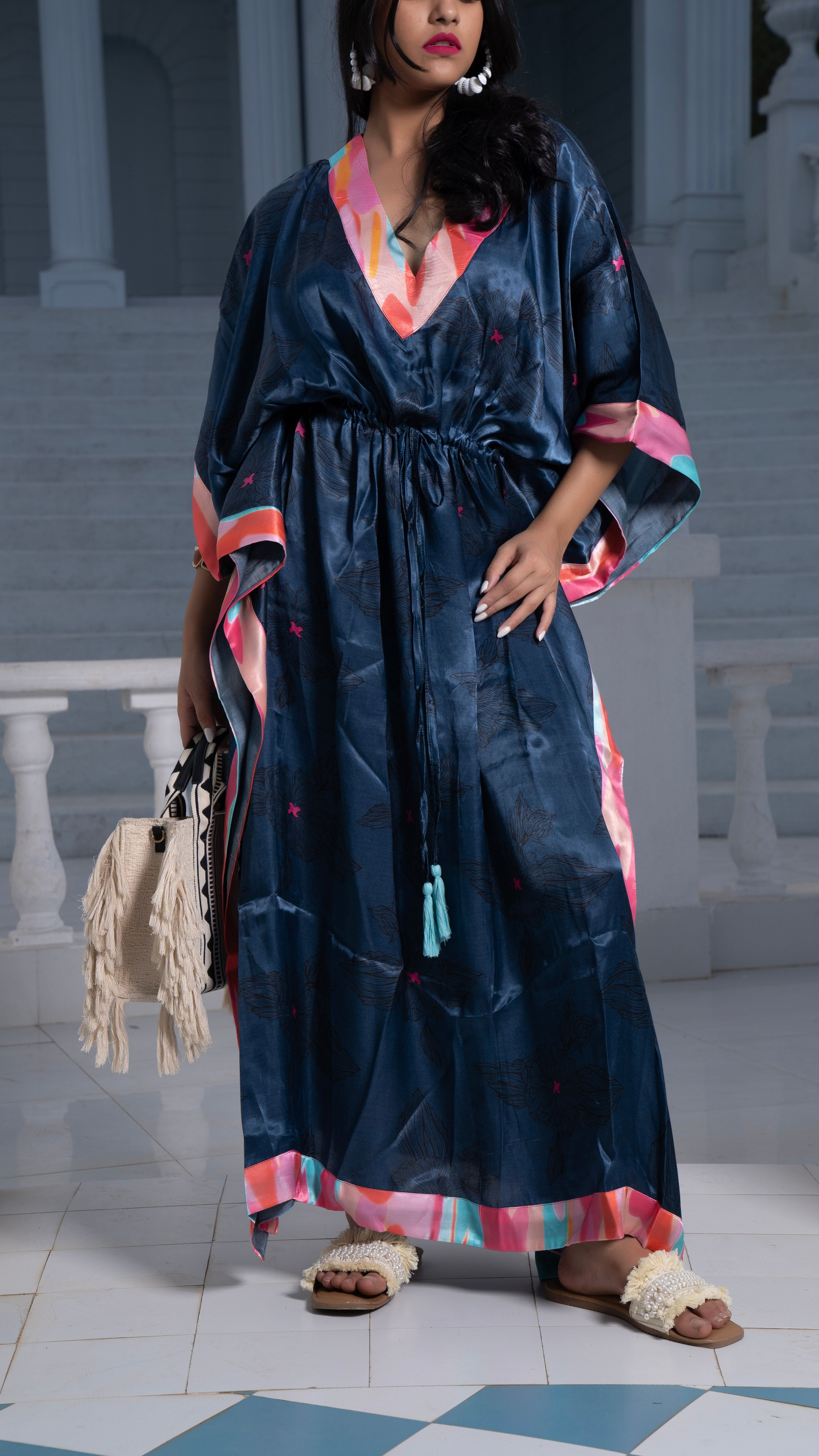 Noroke Modal Steel Blue Printed Long Kaftan - Distacart