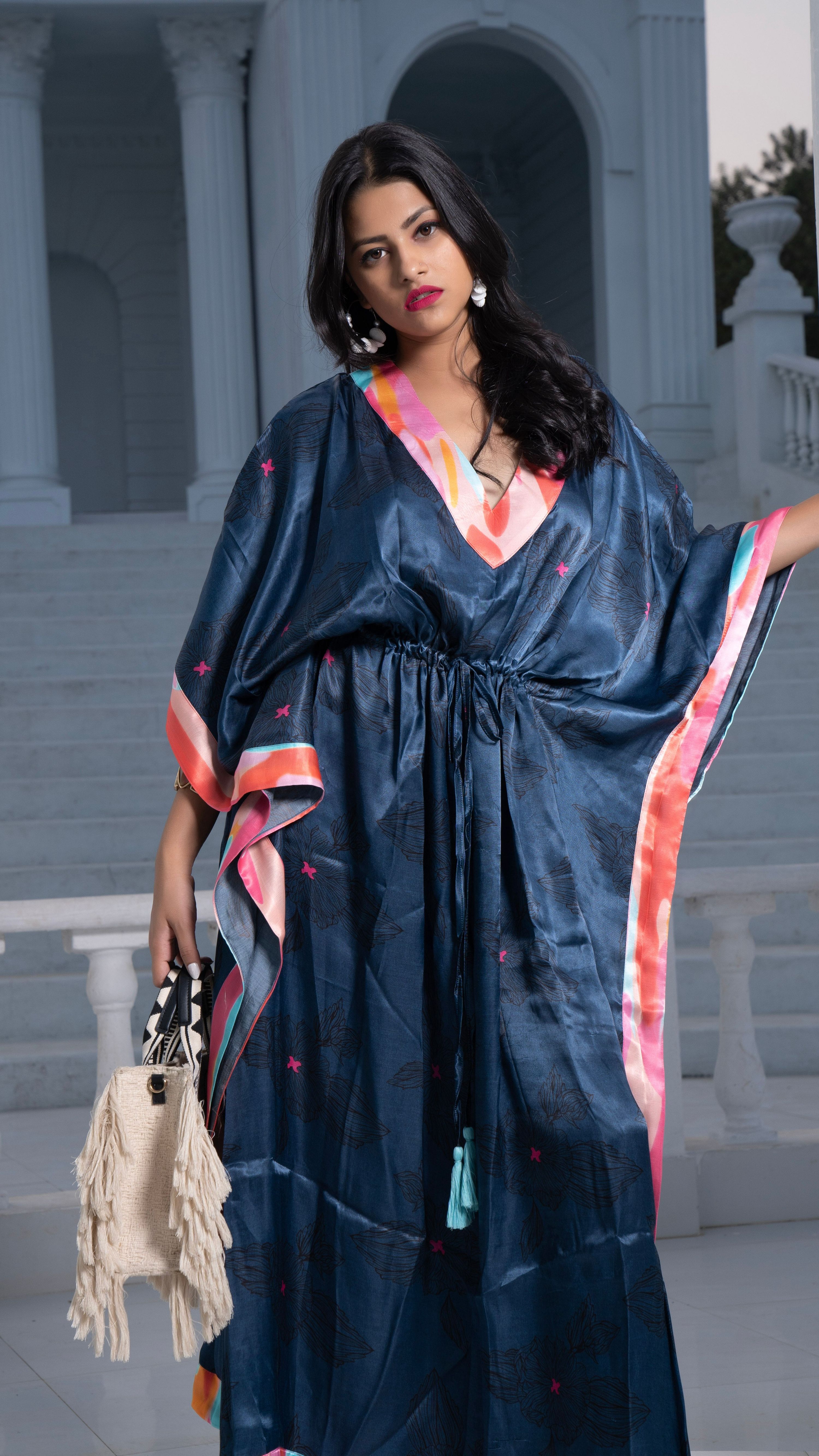 Noroke Modal Steel Blue Printed Long Kaftan - Distacart