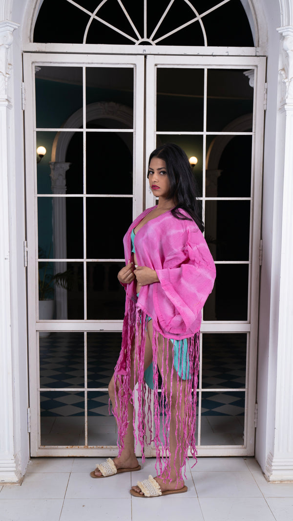 Noroke Crepe Fringes Beachwear Cover Up - Pink - Distacart
