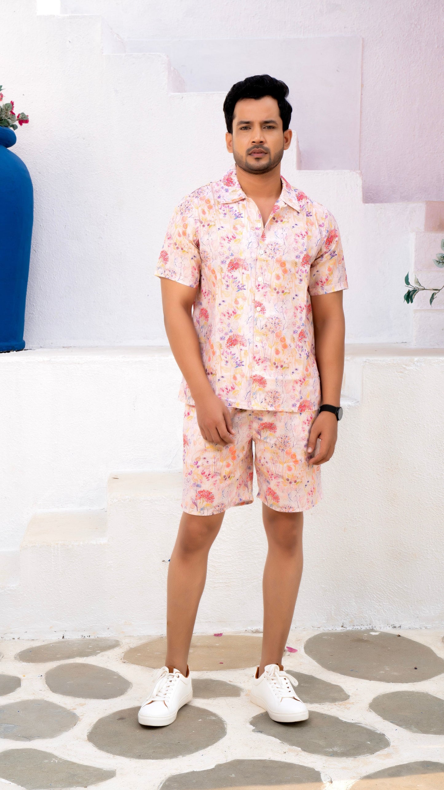 Noroke Linen White Floral Co-ord Set Men - Distacart