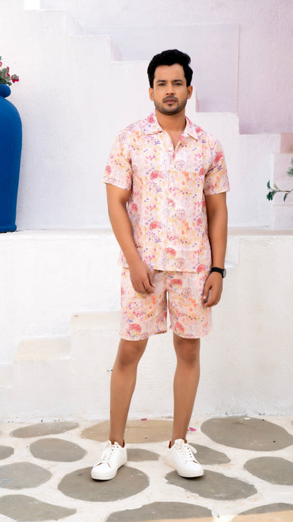Noroke Linen White Floral Co-ord Set Men - Distacart