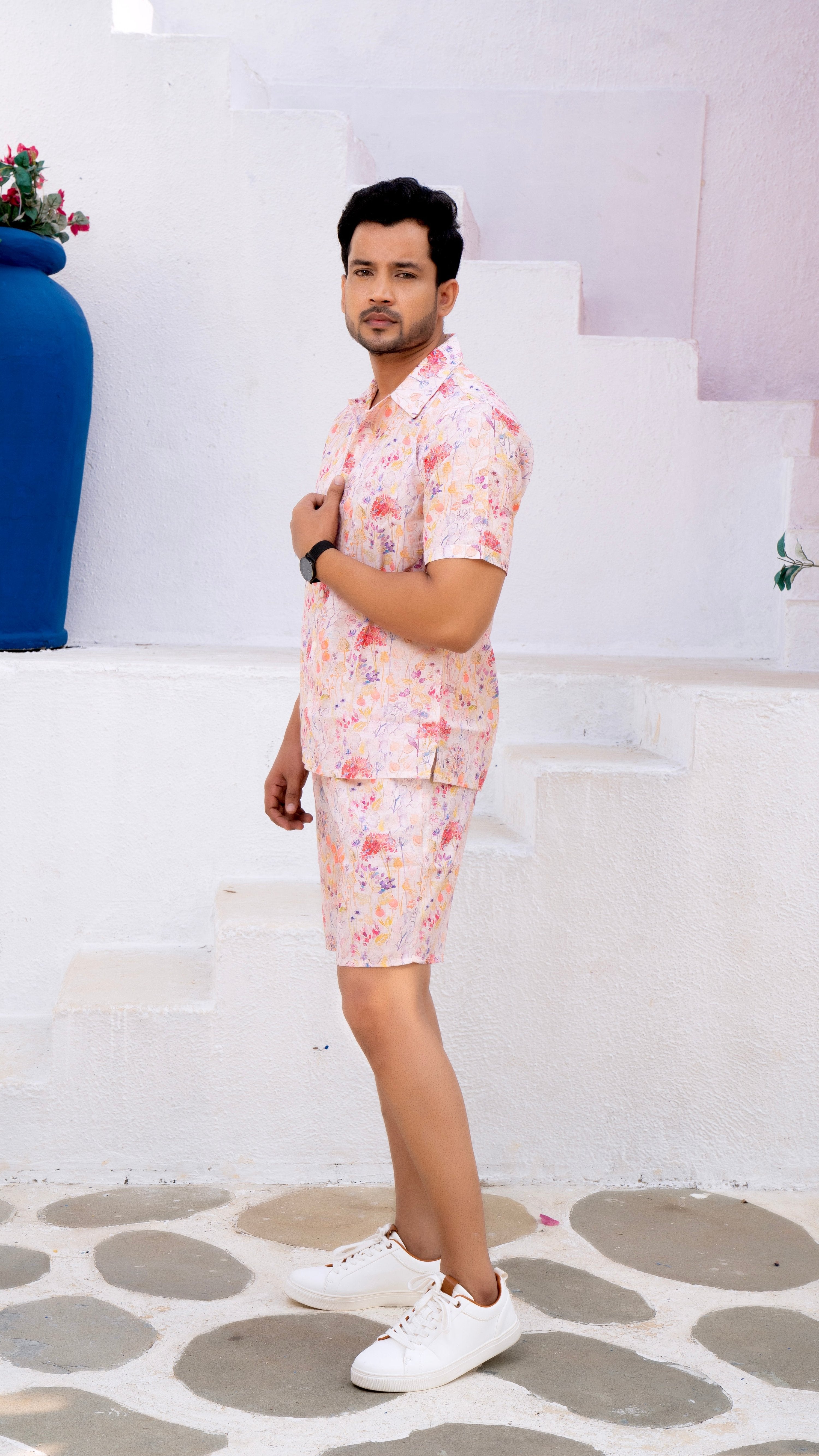 Noroke Linen White Floral Co-ord Set Men - Distacart
