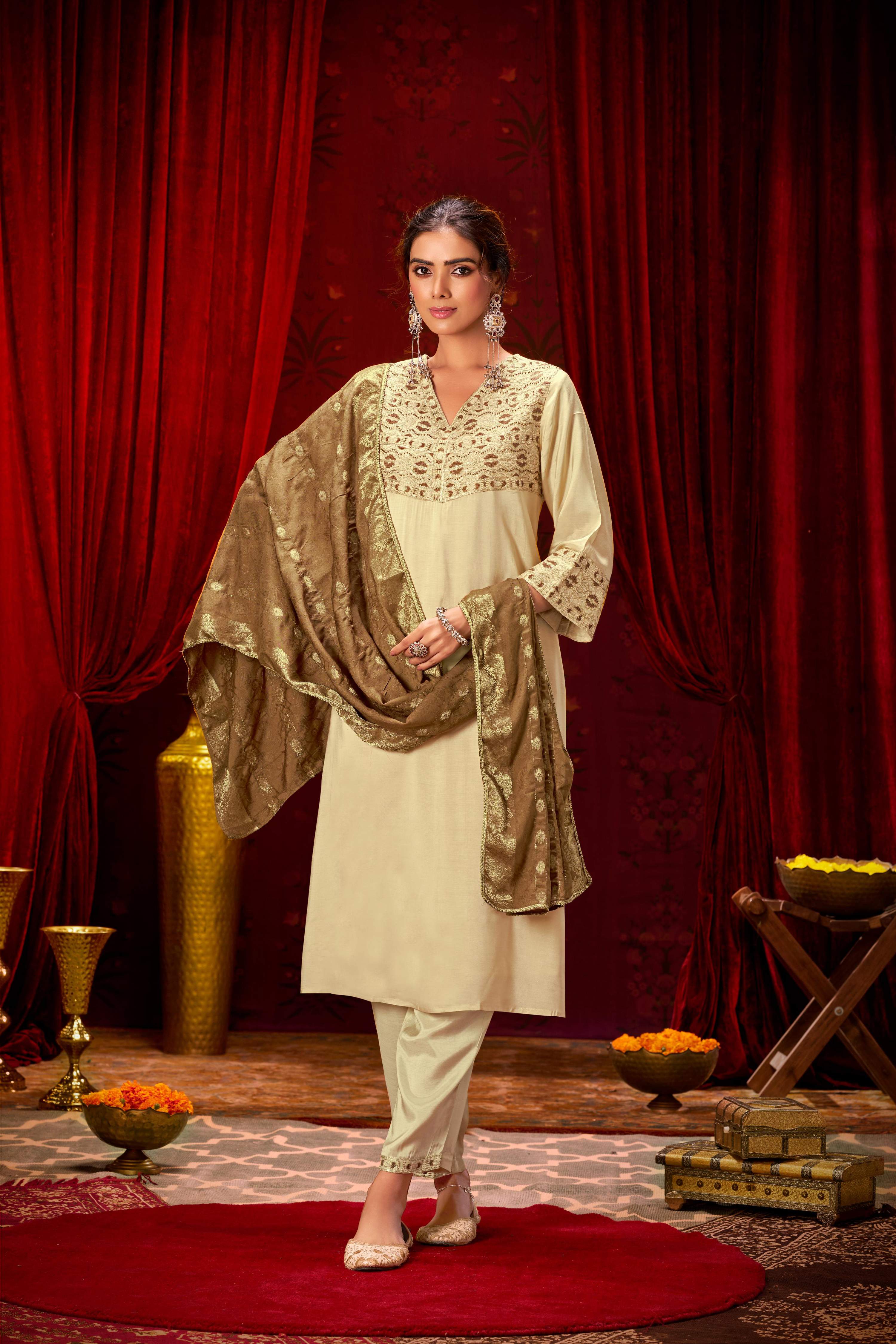 BulBul Ashima Beige Cotton Kurta Set With Dupatta