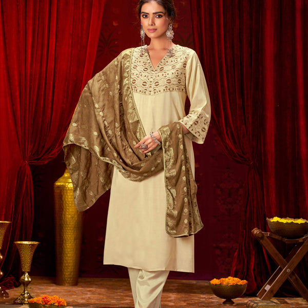 BulBul Ashima Beige Cotton Kurta Set With Dupatta