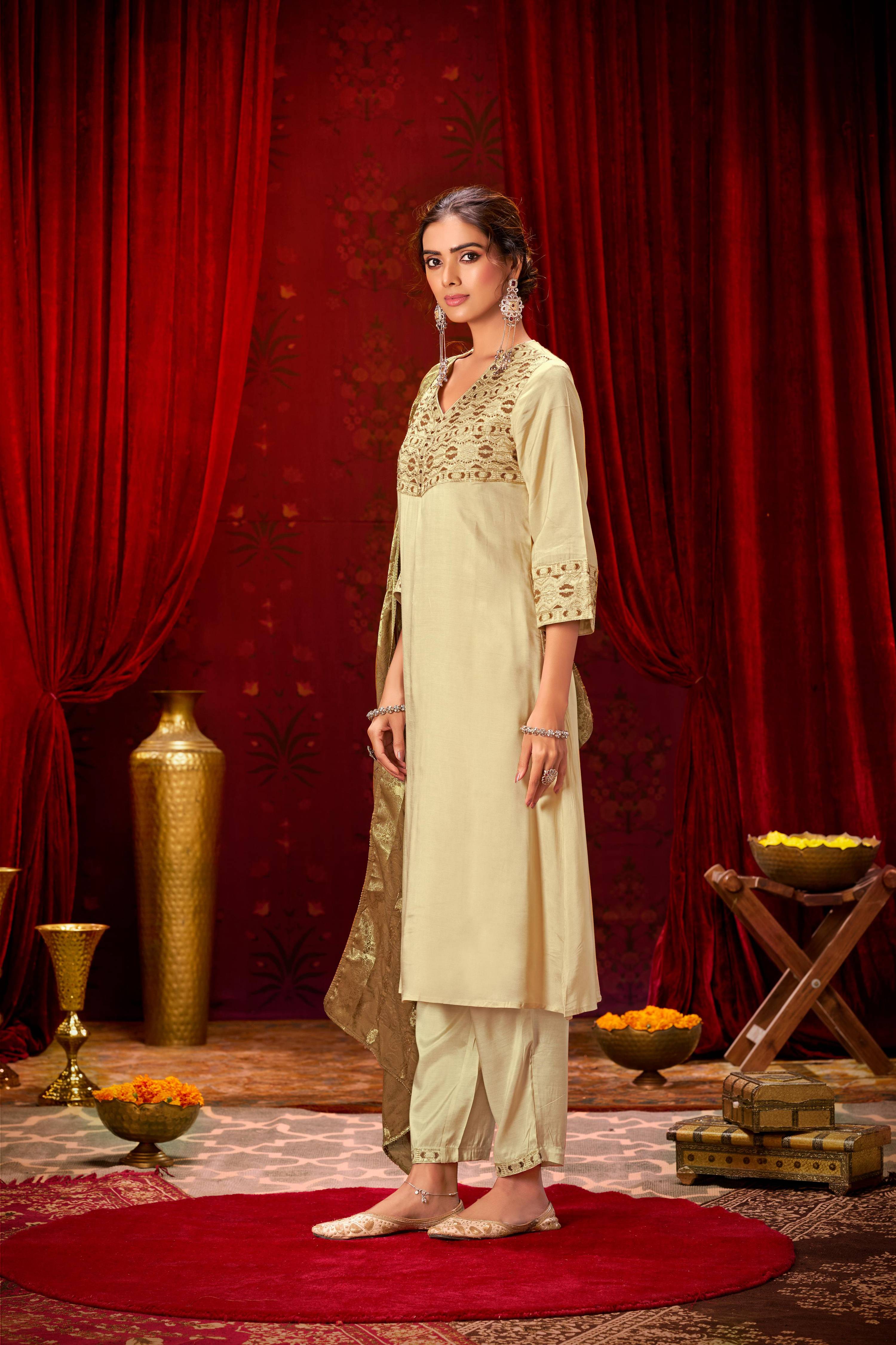 BulBul Ashima Beige Cotton Kurta Set With Dupatta