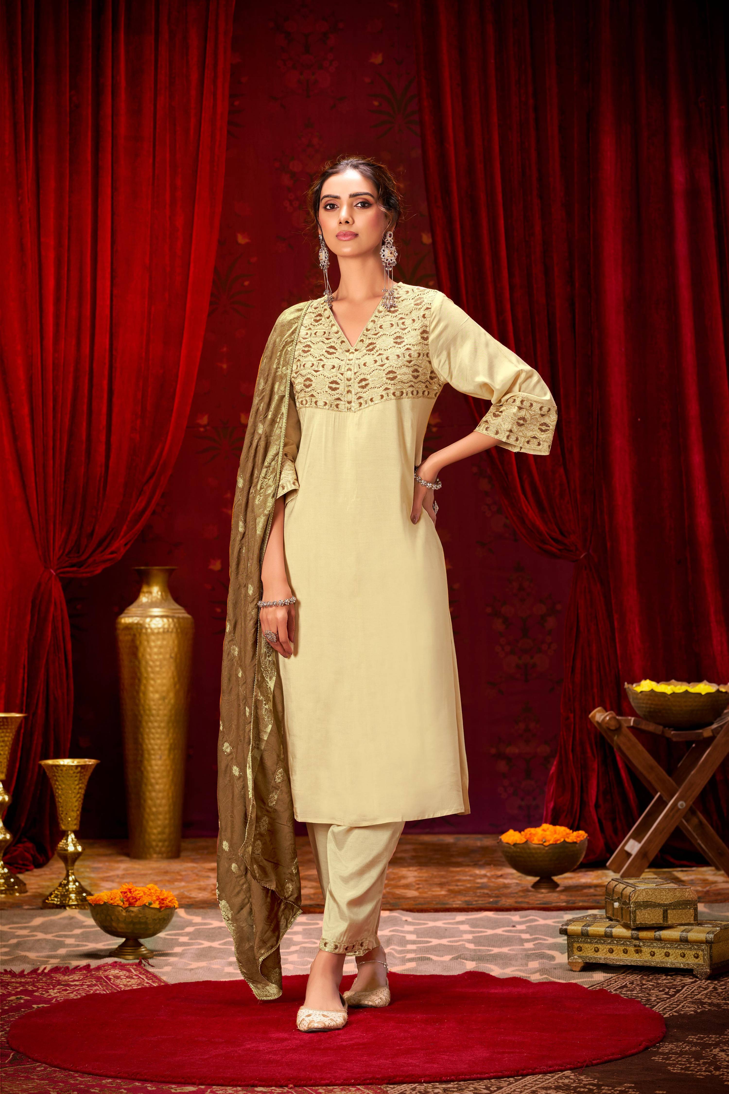 BulBul Ashima Beige Cotton Kurta Set With Dupatta