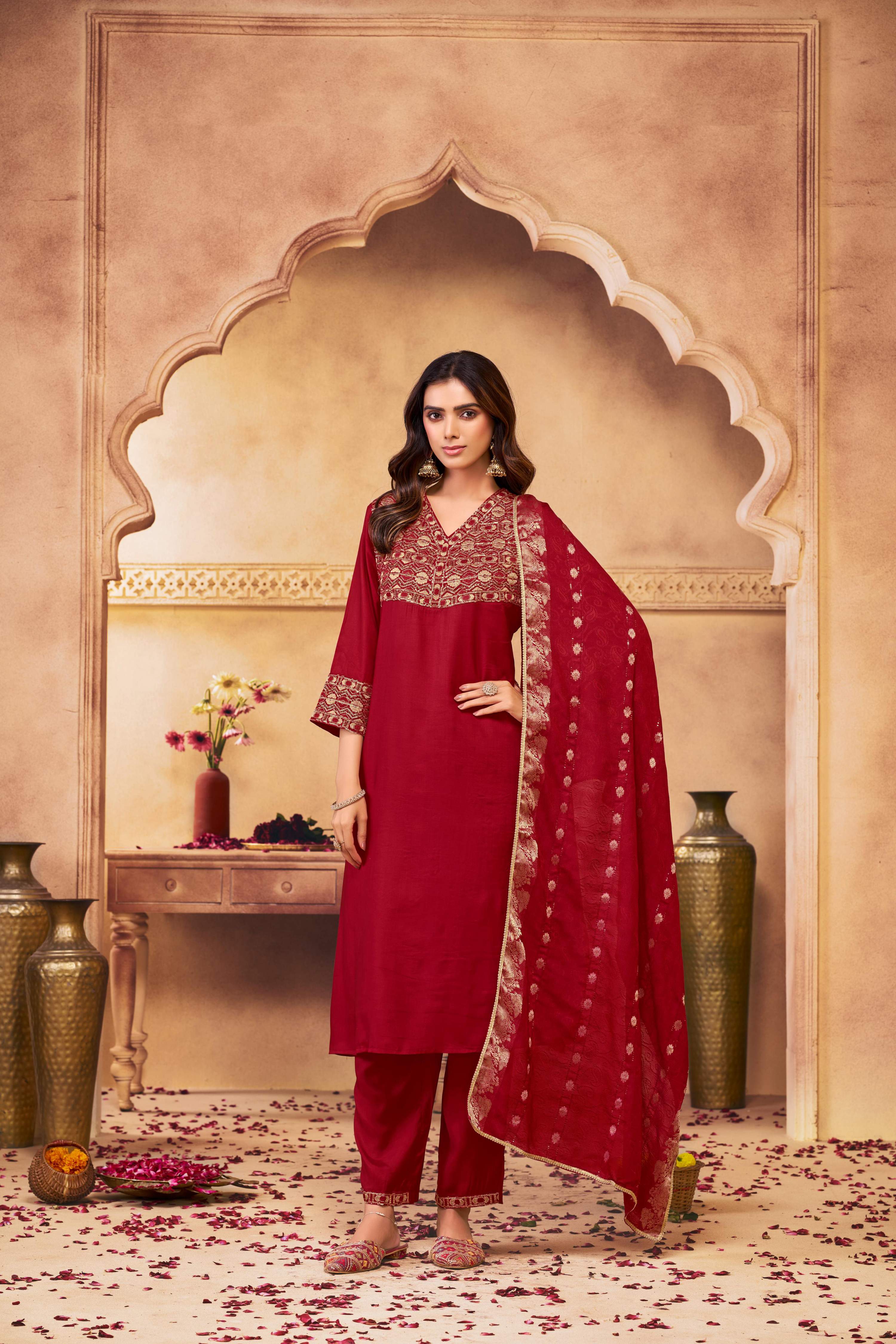 BulBul Ashima Red Muslin Kurta Set With Dupatta