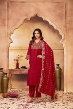 Thumbnail for BulBul Ashima Red Muslin Kurta Set With Dupatta