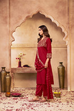 Thumbnail for BulBul Ashima Red Muslin Kurta Set With Dupatta