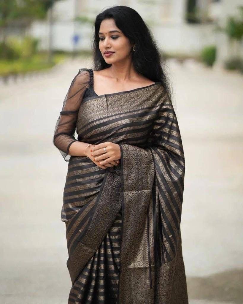 Vamika Weaving Banarasi Jacquard Black Kanjivaram Saree - Distacart