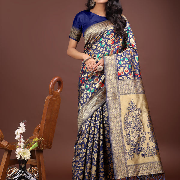 Astita Majestic Navy Blue Silk Saree with Gold Zari & Floral Design - Perfect for Festive & Traditional Occasions - Distacart