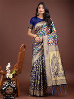 Thumbnail for Astita Majestic Navy Blue Silk Saree with Gold Zari & Floral Design - Perfect for Festive & Traditional Occasions - Distacart