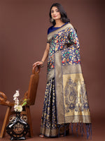 Thumbnail for Astita Majestic Navy Blue Silk Saree with Gold Zari & Floral Design - Perfect for Festive & Traditional Occasions - Distacart