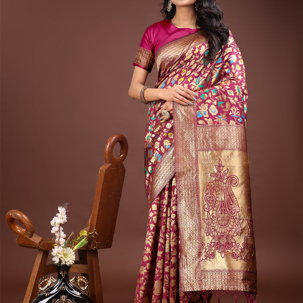 Astita Majestic Magenta Silk Saree with Gold Zari & Floral Design - Perfect for Festive & Traditional Occasions - Distacart