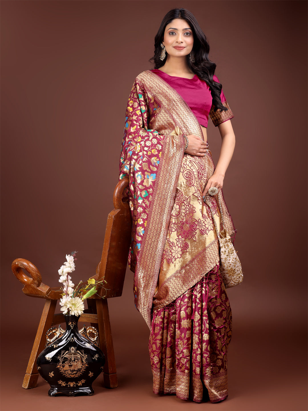 Astita Majestic Magenta Silk Saree with Gold Zari & Floral Design - Perfect for Festive & Traditional Occasions - Distacart