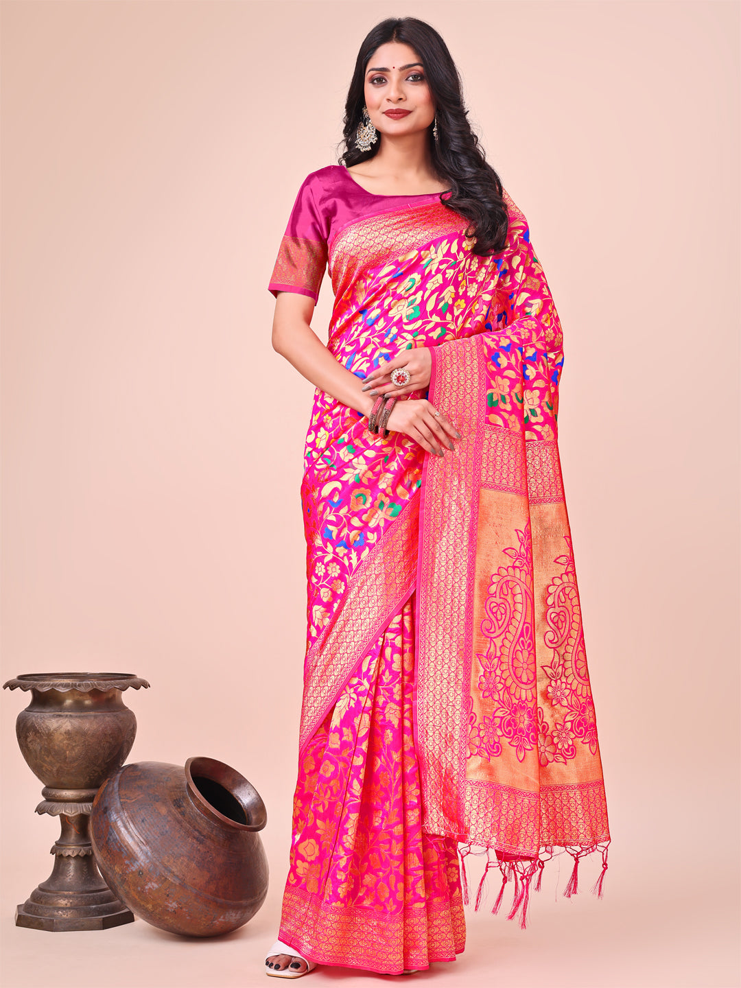 Astita Majestic Pink Silk Saree with Gold Zari & Floral Design - Perfect for Festive & Traditional Occasions - Distacart