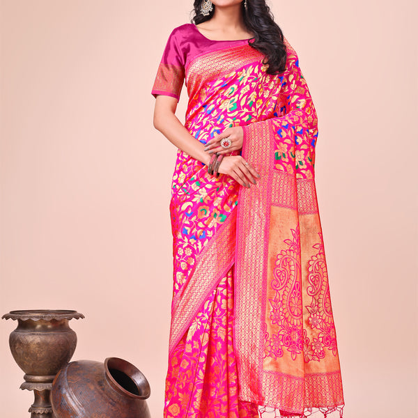 Astita Majestic Pink Silk Saree with Gold Zari & Floral Design - Perfect for Festive & Traditional Occasions - Distacart
