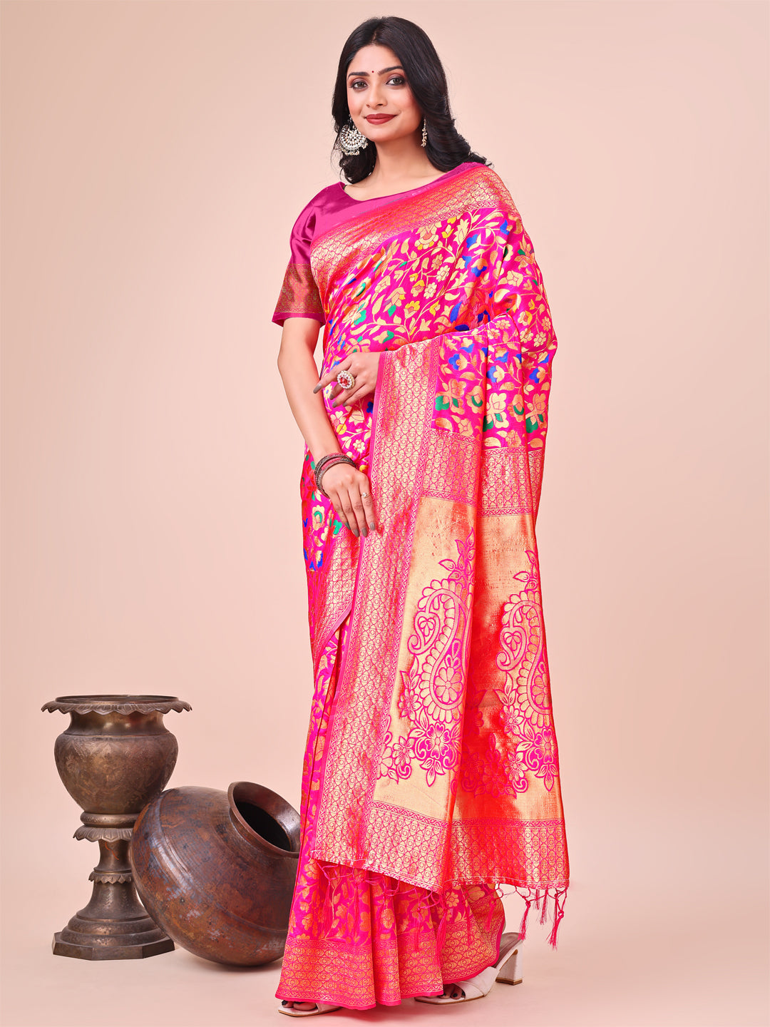 Astita Majestic Pink Silk Saree with Gold Zari & Floral Design - Perfect for Festive & Traditional Occasions - Distacart