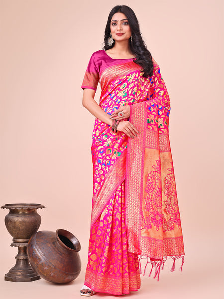 Astita Majestic Pink Silk Saree with Gold Zari & Floral Design - Perfect for Festive & Traditional Occasions - Distacart