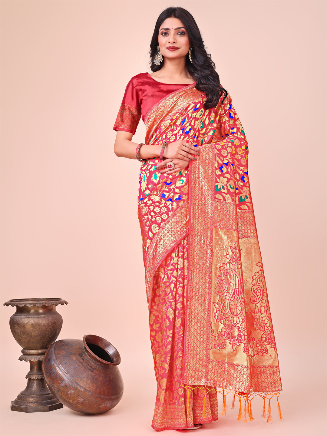 Astita Majestic Maroon Silk Saree with Gold Zari & Floral Design - Perfect for Festive & Traditional Occasions - Distacart