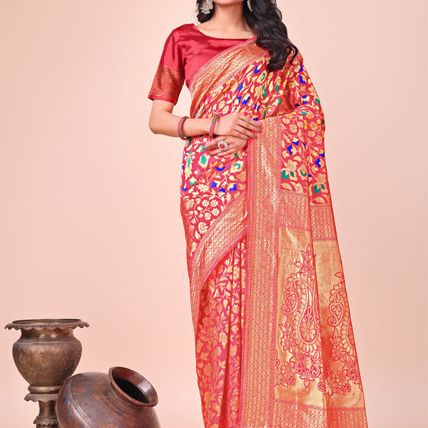Astita Majestic Maroon Silk Saree with Gold Zari & Floral Design - Perfect for Festive & Traditional Occasions - Distacart