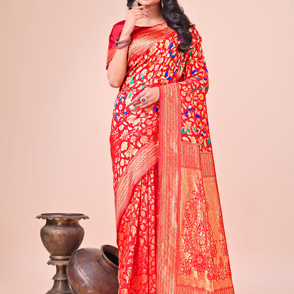 Astita Majestic Red Silk Saree with Gold Zari & Floral Design - Perfect for Festive & Traditional Occasions - Distacart