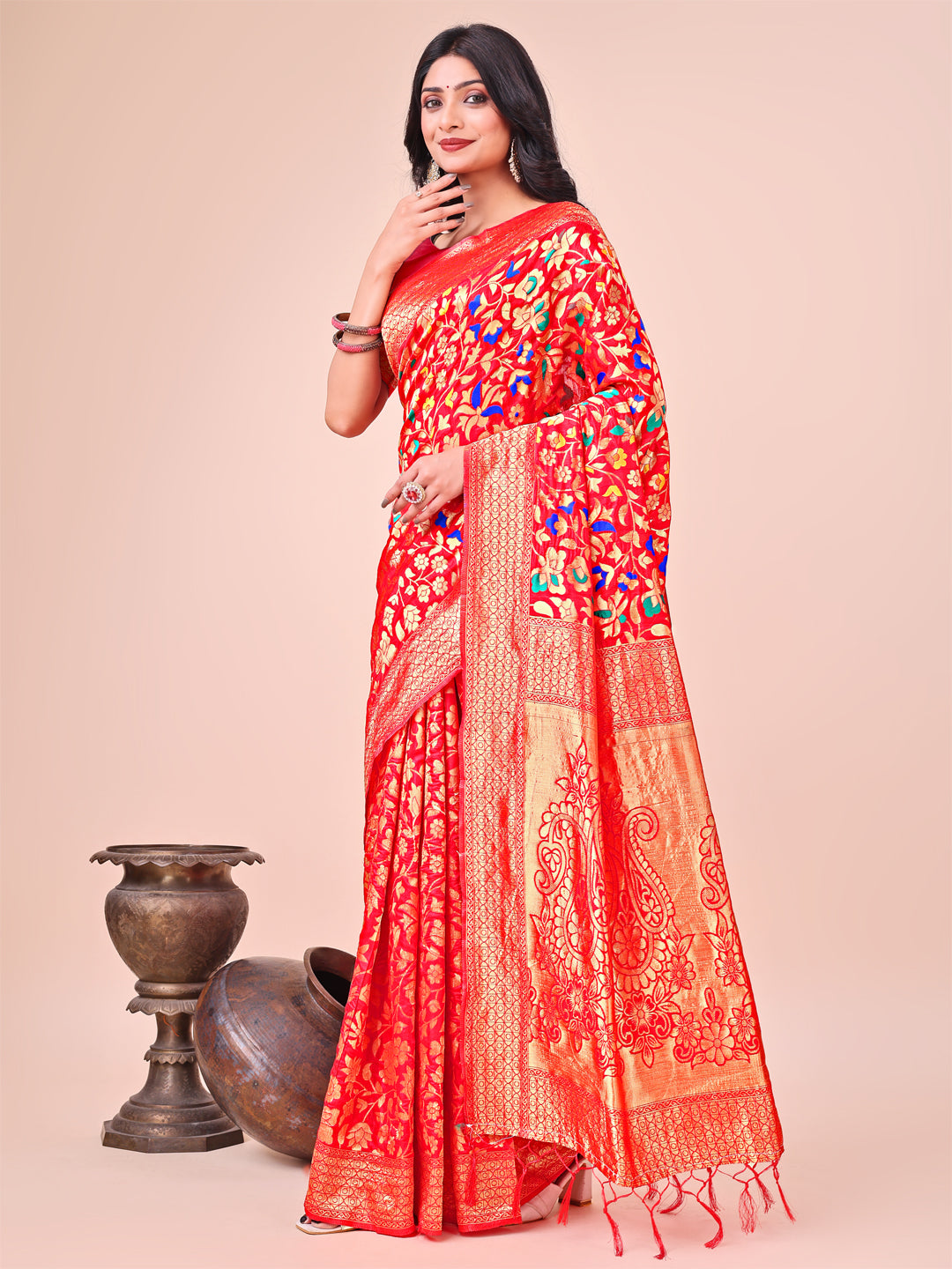 Astita Majestic Red Silk Saree with Gold Zari & Floral Design - Perfect for Festive & Traditional Occasions - Distacart