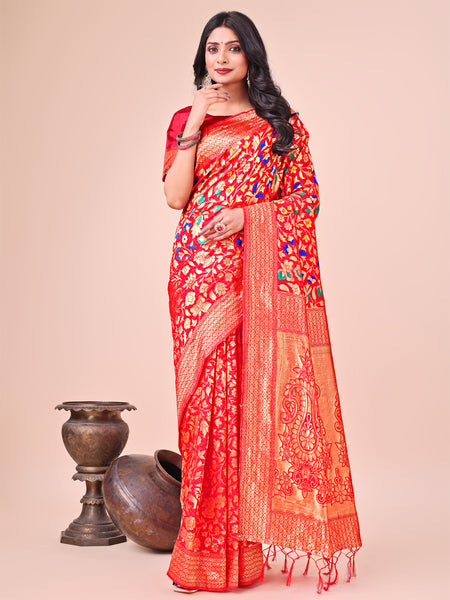 Astita Majestic Red Silk Saree with Gold Zari & Floral Design - Perfect for Festive & Traditional Occasions - Distacart