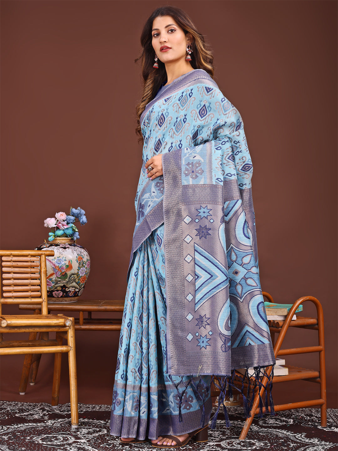 Astita Grace in Every Thread: Sky Blue Patola Linen Cotton Saree Woven with Cultural Elegance - Distacart