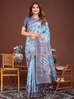 Thumbnail for Astita Grace in Every Thread: Sky Blue Patola Linen Cotton Saree Woven with Cultural Elegance - Distacart