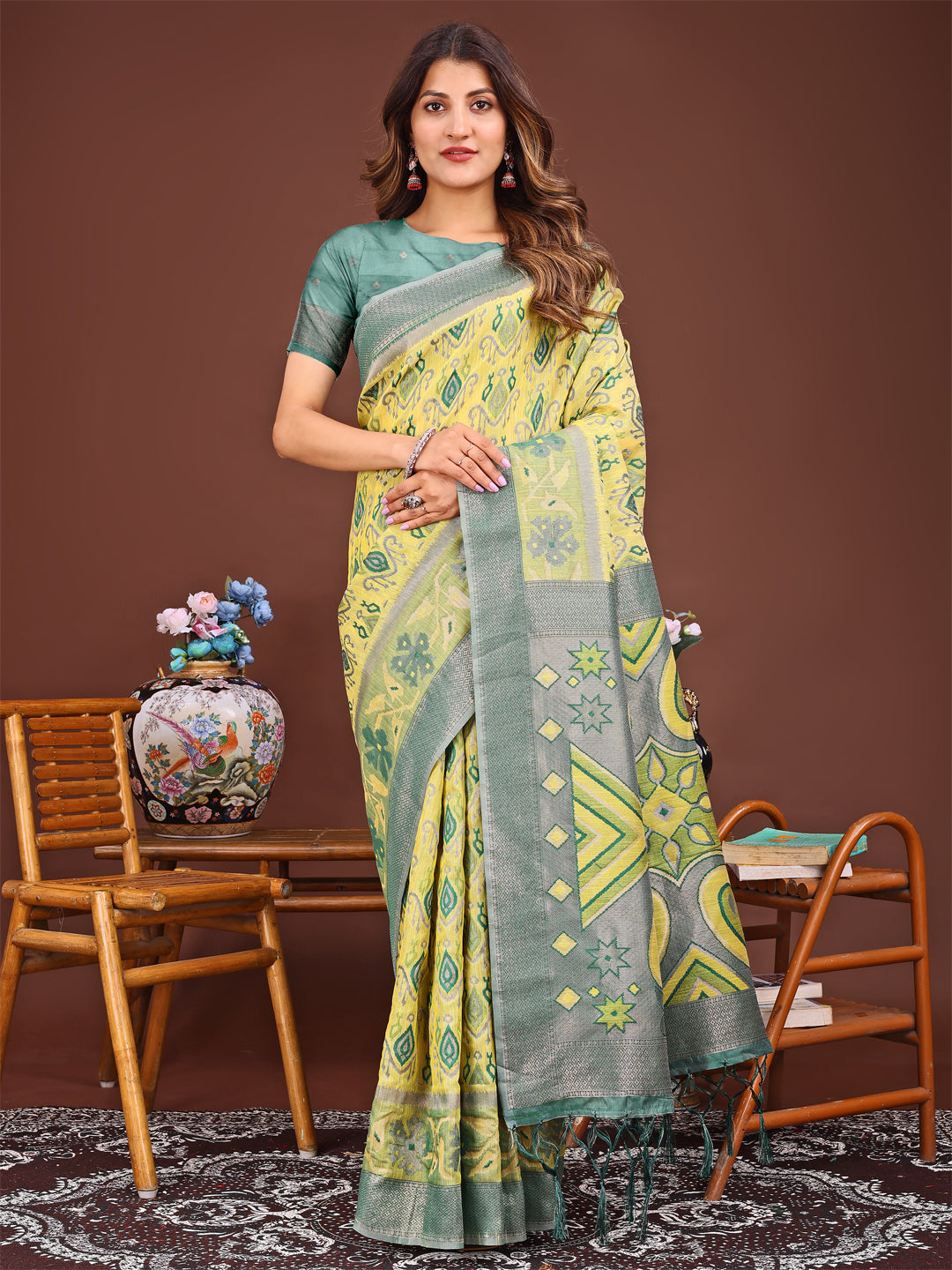 Astita Grace in Every Thread: Yellow Patola Linen Cotton Saree Woven with Cultural Elegance - Distacart