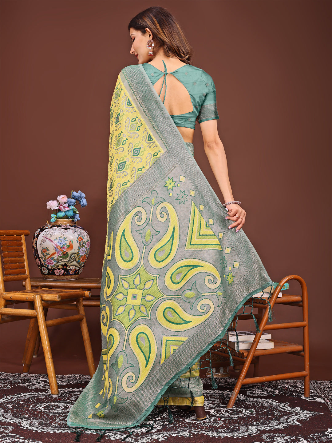 Astita Grace in Every Thread: Yellow Patola Linen Cotton Saree Woven with Cultural Elegance - Distacart