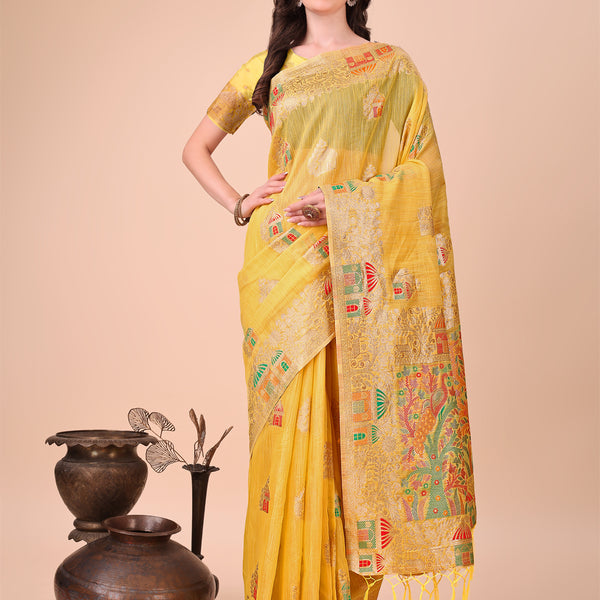 Shree Shyam Fashion Yellow Linen Saree with Multicolor Weaving & Zari Pallu - Elegant & Lightweight for Everyday Grace - Distacart