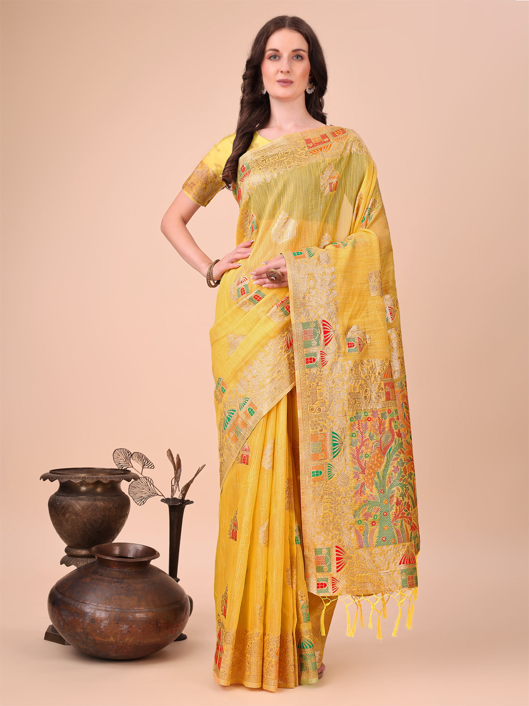 Shree Shyam Fashion Yellow Linen Saree with Multicolor Weaving & Zari Pallu - Elegant & Lightweight for Everyday Grace - Distacart