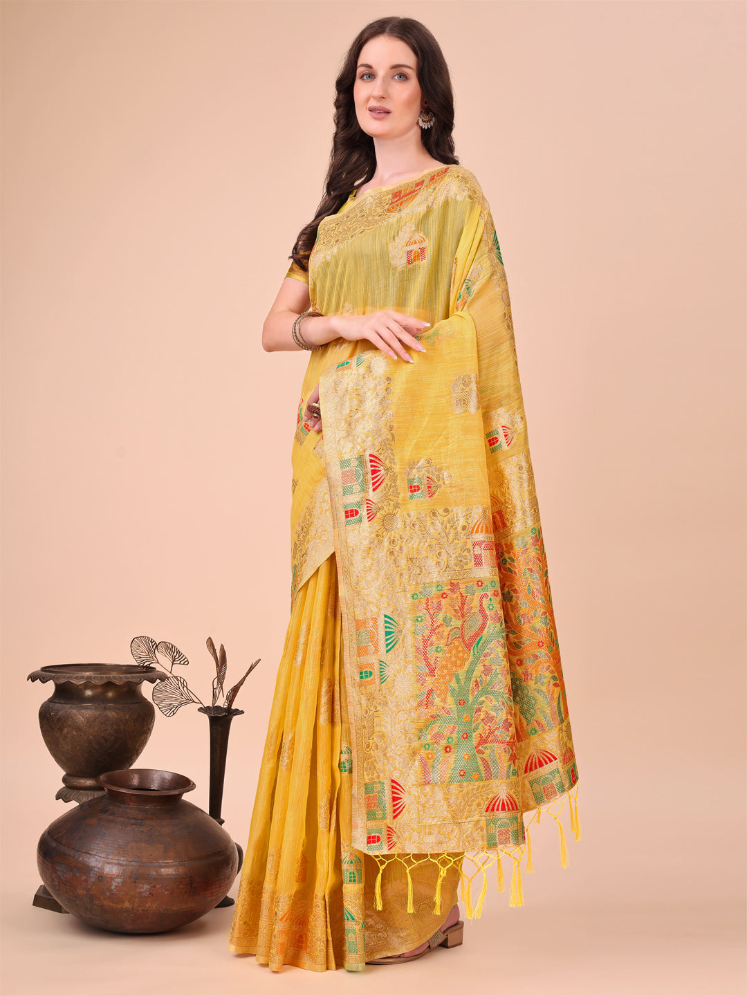 Astita Yellow Linen Saree with Multicolor Weaving & Zari Pallu - Elegant & Lightweight for Everyday Grace - Distacart