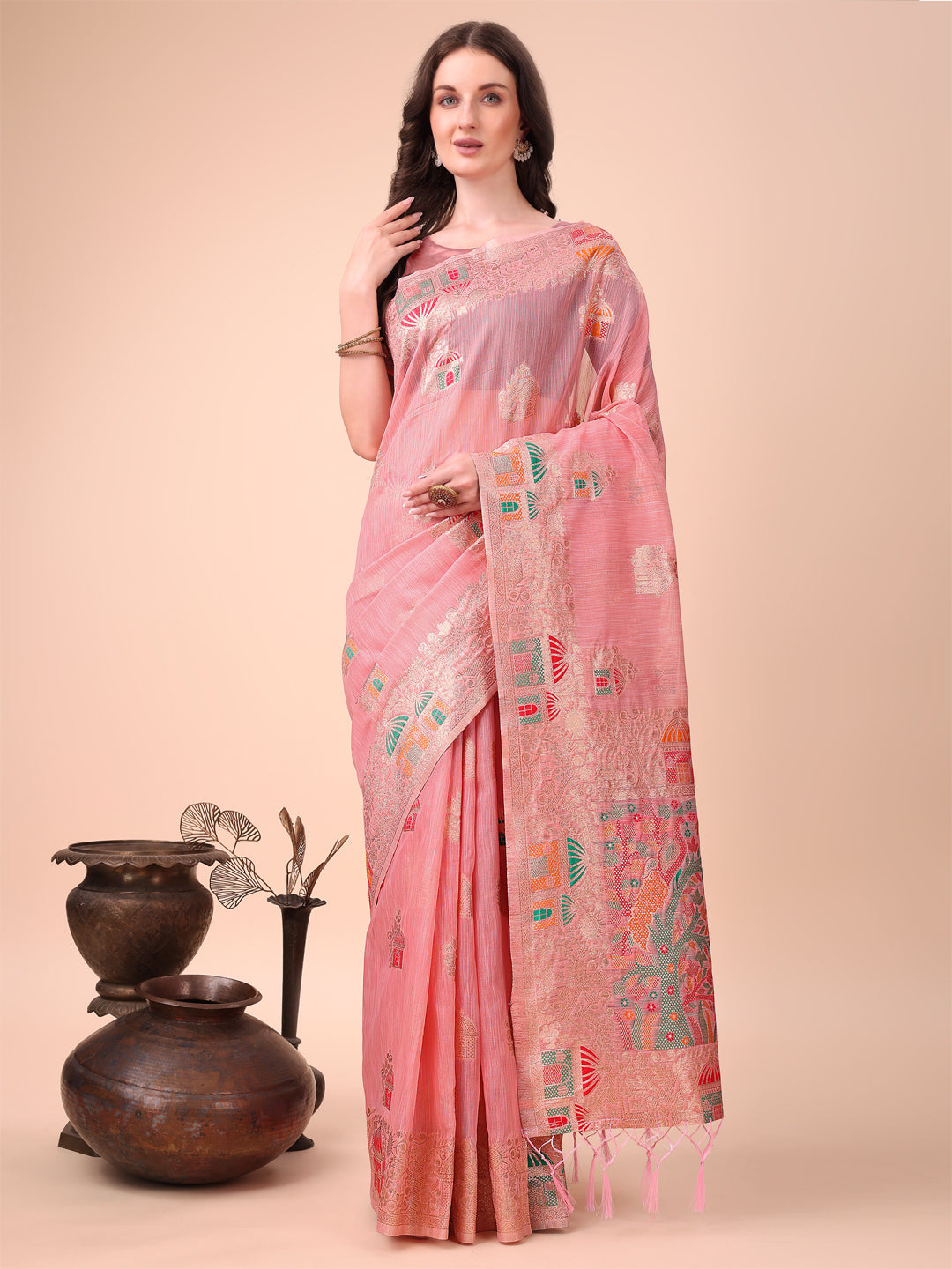 Astita Pink Linen Saree with Multicolor Weaving & Zari Pallu - Elegant & Lightweight for Everyday Grace - Distacart