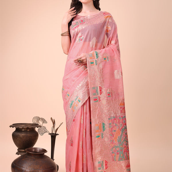 Shree Shyam Fashion Pink Linen Saree with Multicolor Weaving & Zari Pallu - Elegant & Lightweight for Everyday Grace - Distacart