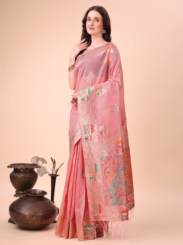 Astita Pink Linen Saree with Multicolor Weaving & Zari Pallu - Elegant & Lightweight for Everyday Grace