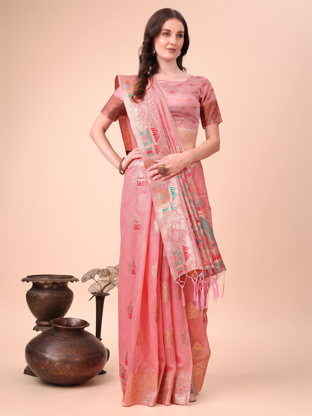 Astita Pink Linen Saree with Multicolor Weaving & Zari Pallu - Elegant & Lightweight for Everyday Grace