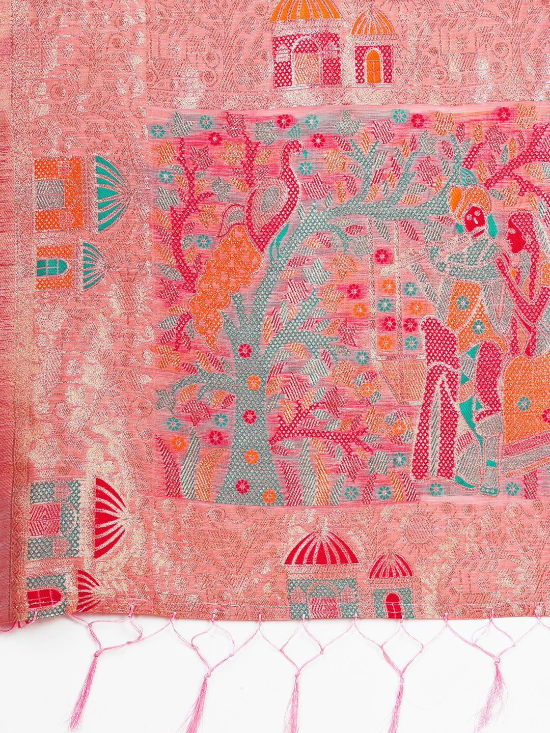 Astita Pink Linen Saree with Multicolor Weaving & Zari Pallu - Elegant & Lightweight for Everyday Grace