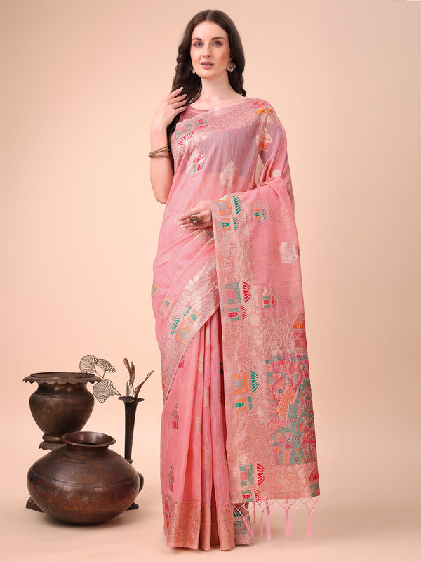 Astita Pink Linen Saree with Multicolor Weaving & Zari Pallu - Elegant & Lightweight for Everyday Grace