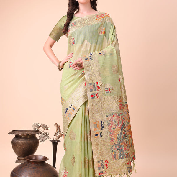 Astita Light Green Linen Saree with Multicolor Weaving & Zari Pallu - Elegant & Lightweight for Everyday Grace - Distacart