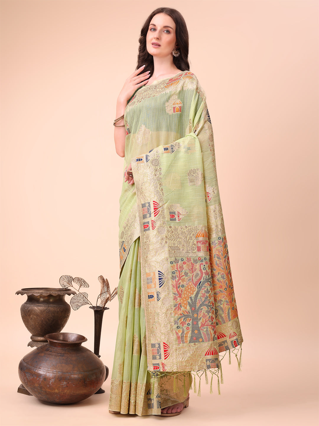Astita Light Green Linen Saree with Multicolor Weaving & Zari Pallu - Elegant & Lightweight for Everyday Grace - Distacart